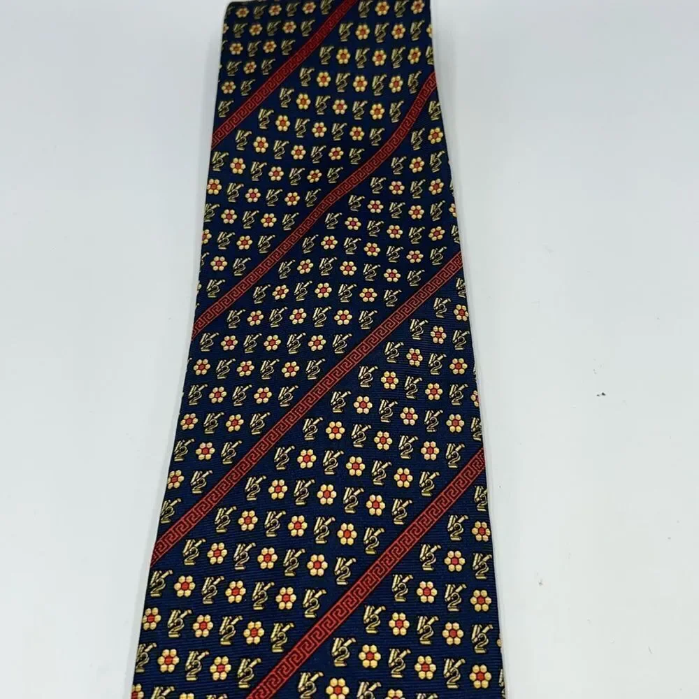 VERSACE CLASSIC V2 Navy Blue and Yellow Floral Pattern Silk Necktie